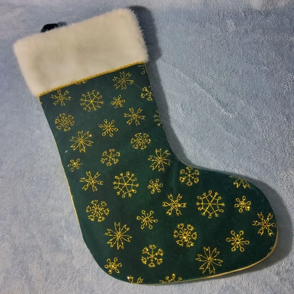 Vintage Green Velvet Christmas Stocking Gold Glitter Snowflakes Faux Fur Cuff 18